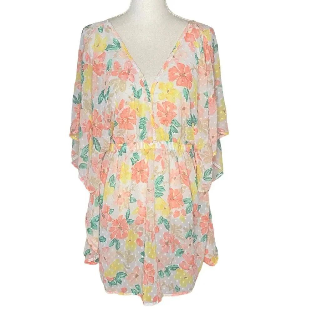 Time and Tru Sz Med 8-10 Bright Floral Deep V-Neck Elastic Waist Swim Cover Up